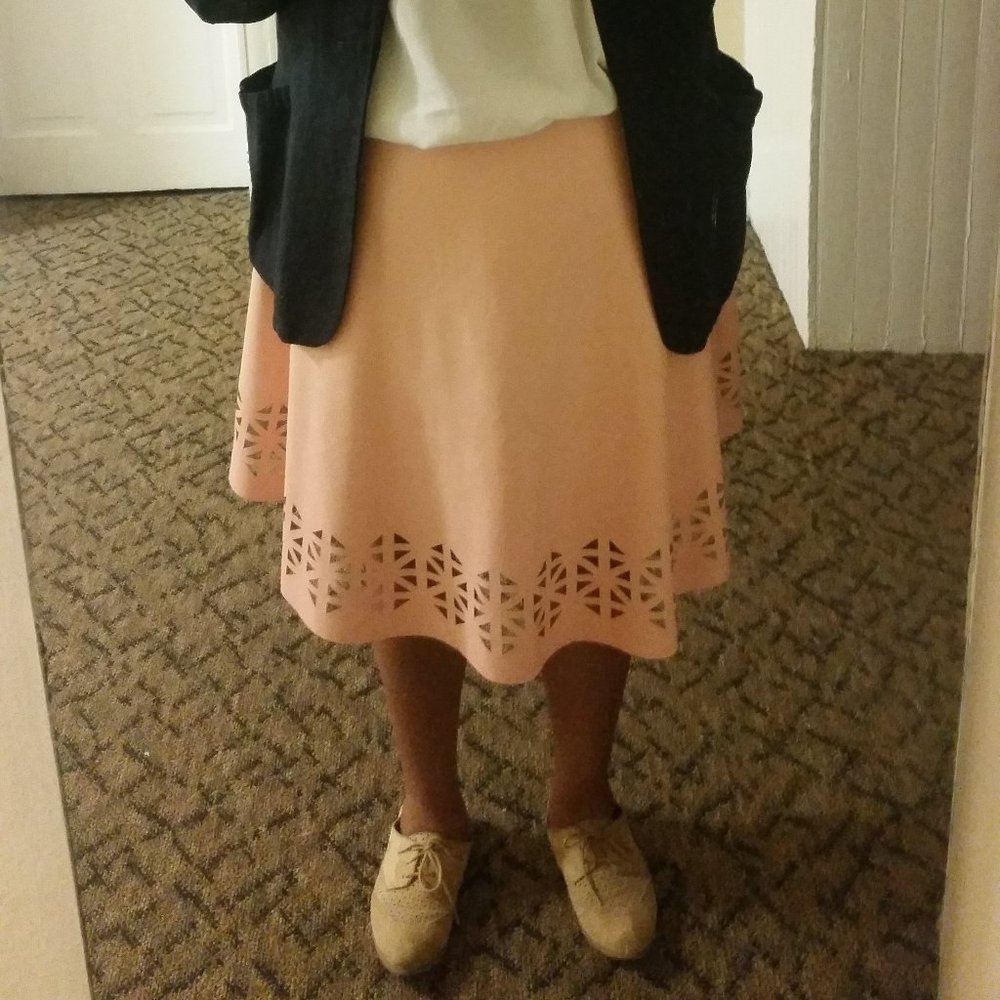 Modamix Brandon Thomas Blush Pastel Pink Faux Leather A-Line Laser Cutout Skirt